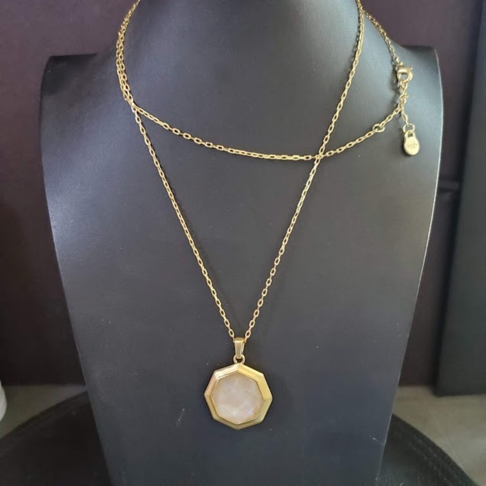 Spartina 449 Gold Tone Geometric Octagon Pendant Necklace Mother of Pearl Stone